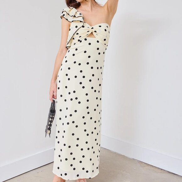NWT Womens Benaar Natalie Ivory Black Polka Dot One Shoulder Paris Midi Dress S - Picture 2 of 15